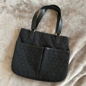 Brooks Brothers Black Canvas Italian Leather Trim Shoulder Bag Purse Lamb logo